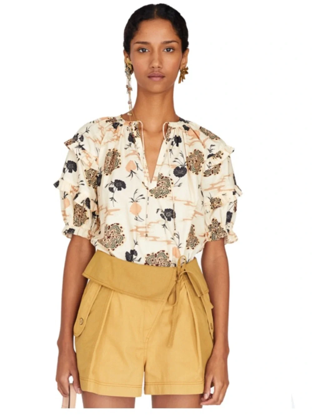 Ulla Johnson Mari Floral Puff Sleeve Ruffle Popover Peasant Poplin Blouse 0